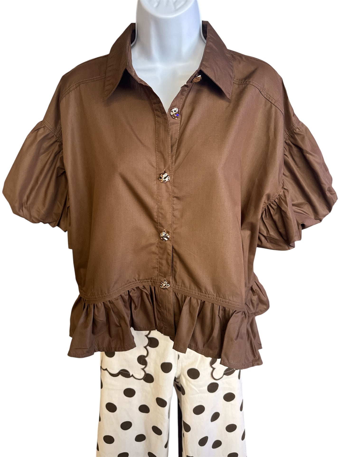 Brown Ruffle/Puff Sleeve Blouse