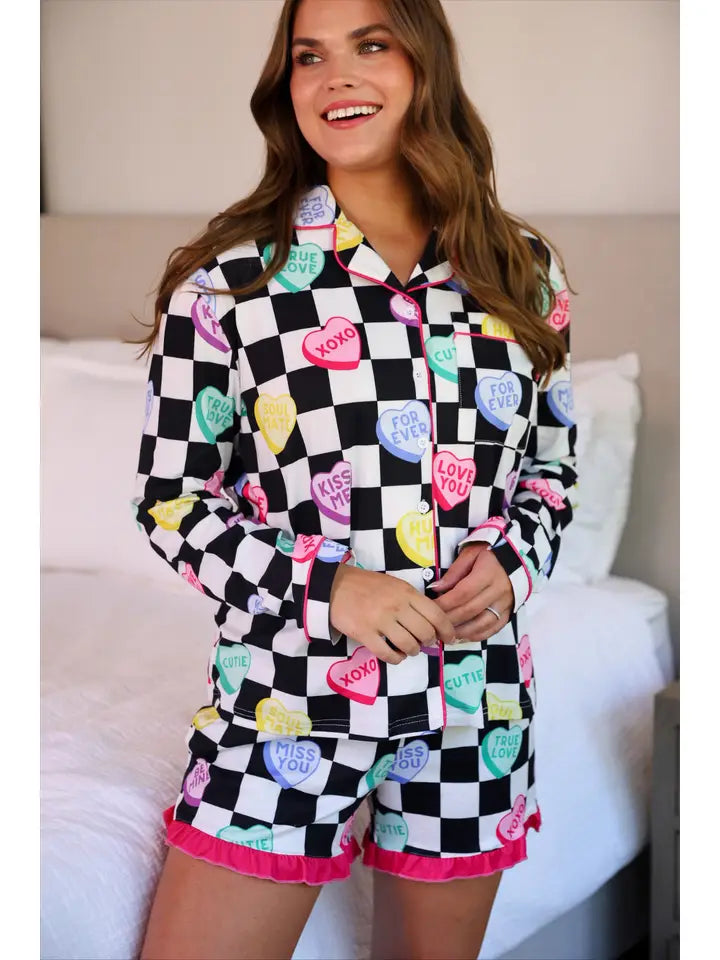 Checkered Conversation Hearts Ruffle Pajama Set