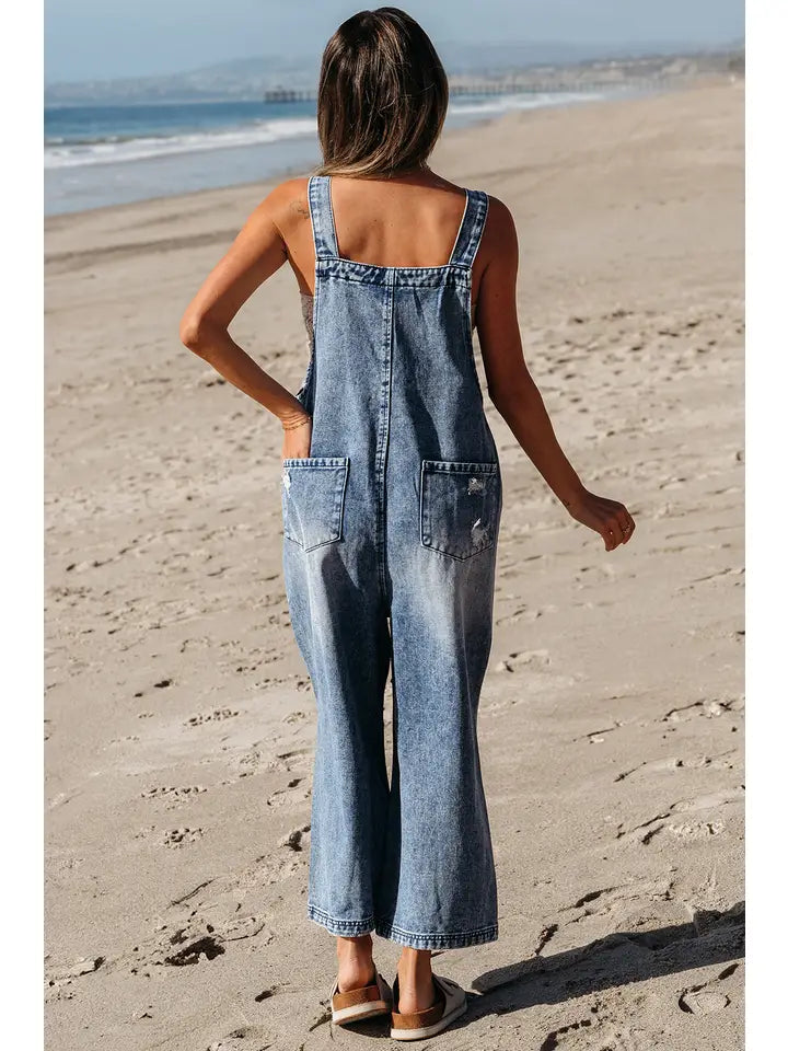 Distressed Denim Capri Overall