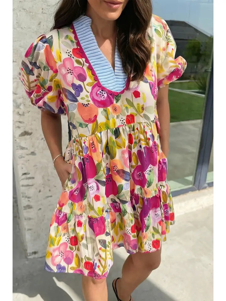 Floral Ricrac Trim Striped Patchwork Dress