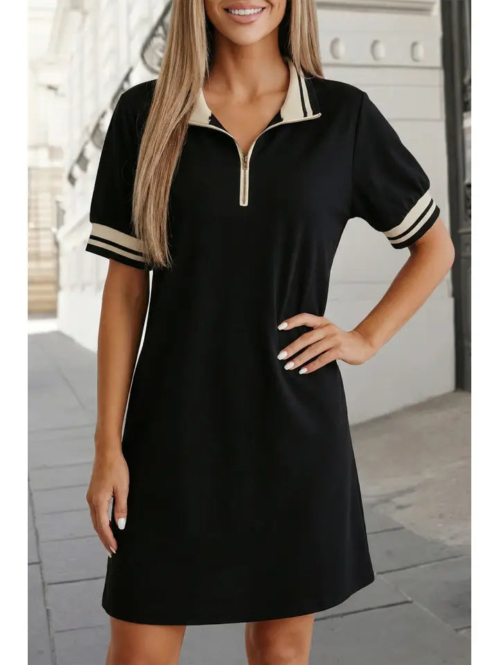 Black Striped Trim Polo Tee Dress