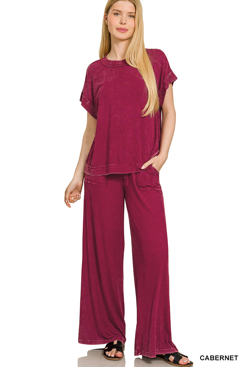 Cabernet Ribbed acid wash rayon top & pants set