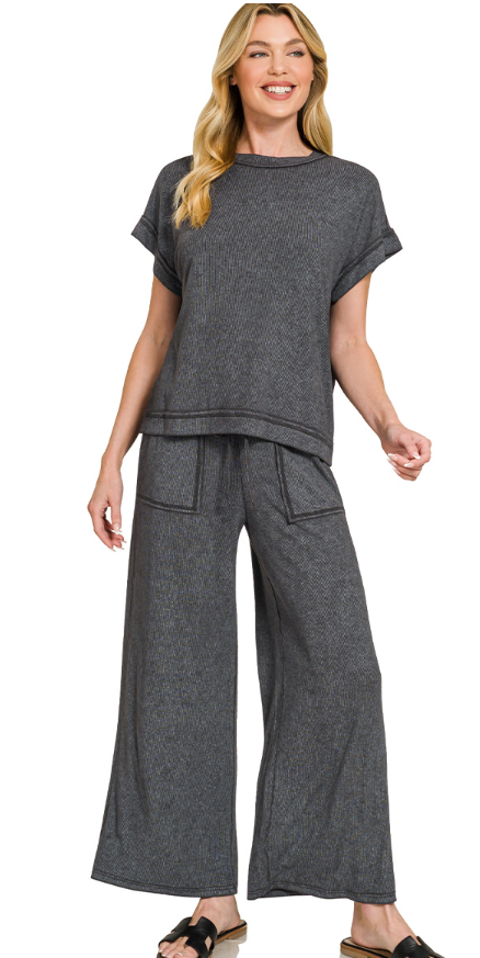 Ash Black Ribbed acid wash rayon top & pants set