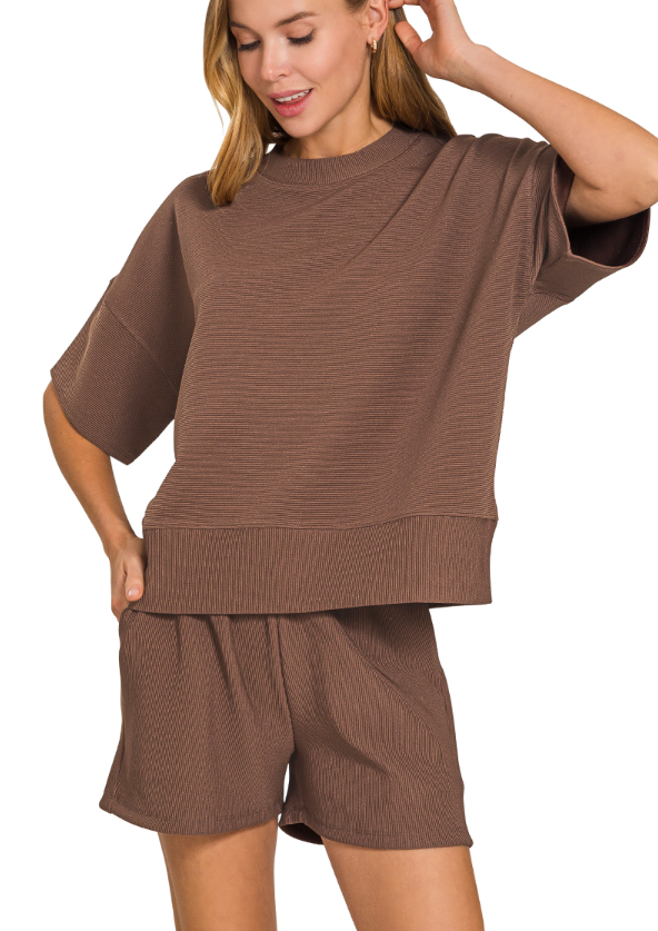 Brown Ribbed waist banded tee & shorts set