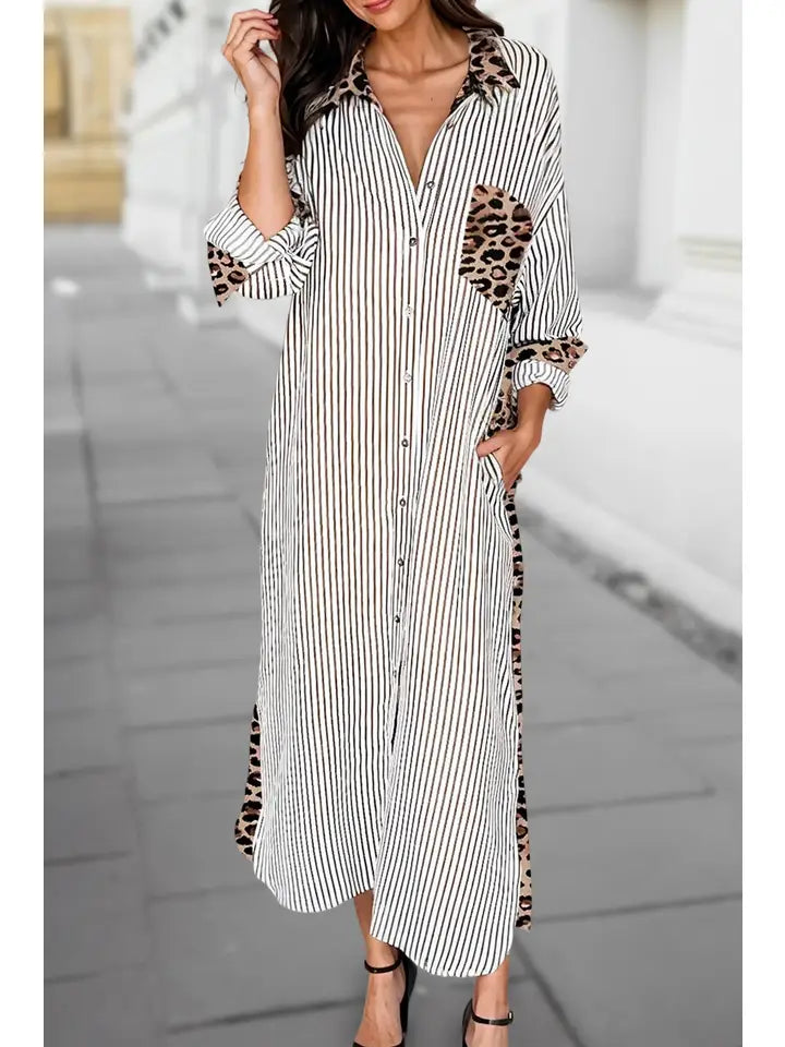 Stripe Leopard Long Shirt Dress