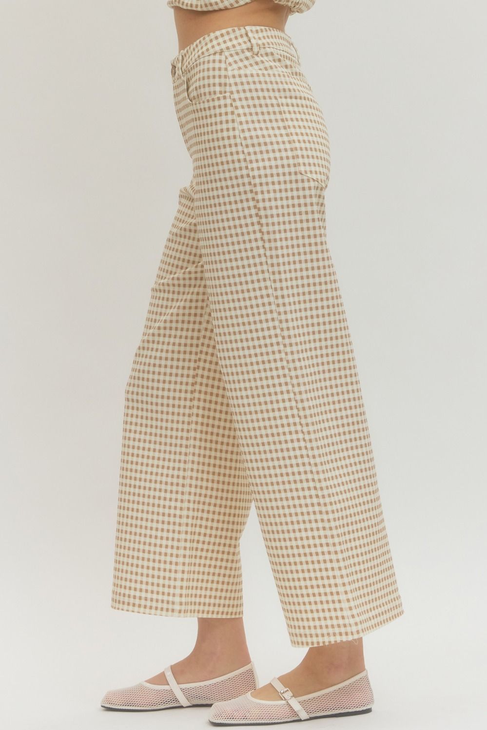 Tan Gingham Wide Leg Pant