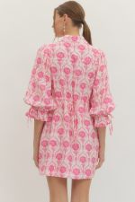 Pink Floral V-Neck Floral 3/4 sleeve Dress