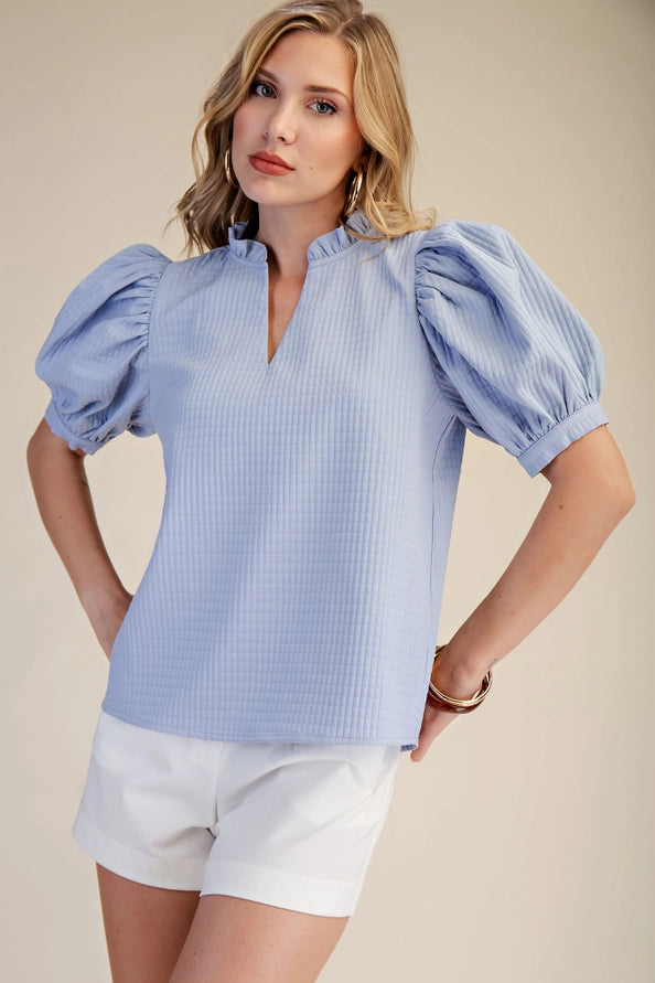 Blue Ruffle V-Neck Puff Sleeve Top