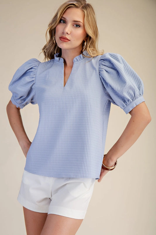 Blue Ruffle V-Neck Puff Sleeve Top
