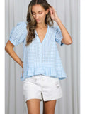 Blue Gingham V-Neck Top