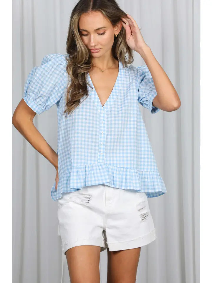 Blue Gingham V-Neck Top