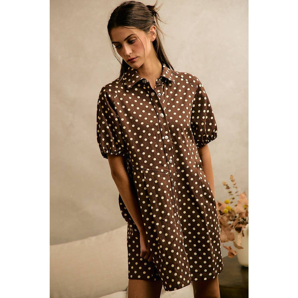 POLKA DOT TWILL PUFF-SLEEVE MINI DRESS