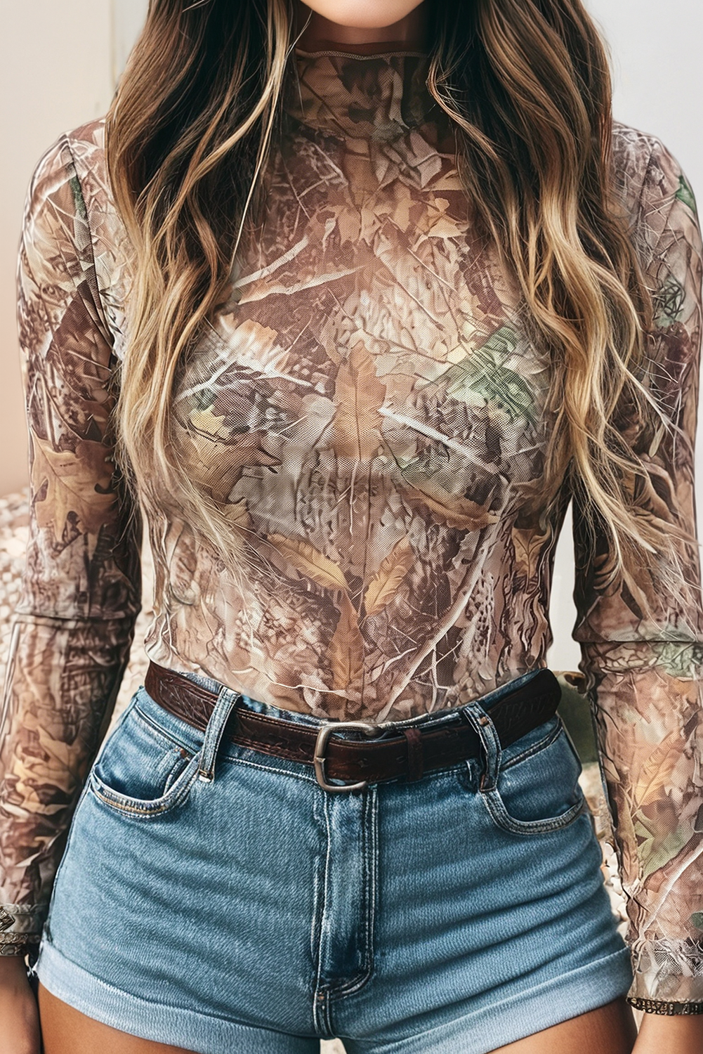Western Print Mesh Mock Neck Top