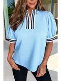 Blue  Trim Zip Neck Blouse