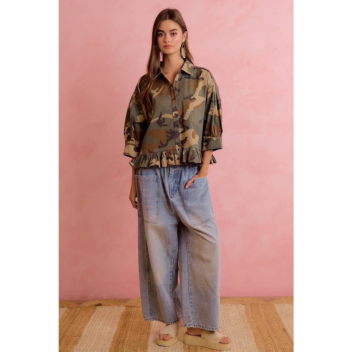 CAMO BUTTON DOWN BLOUSE