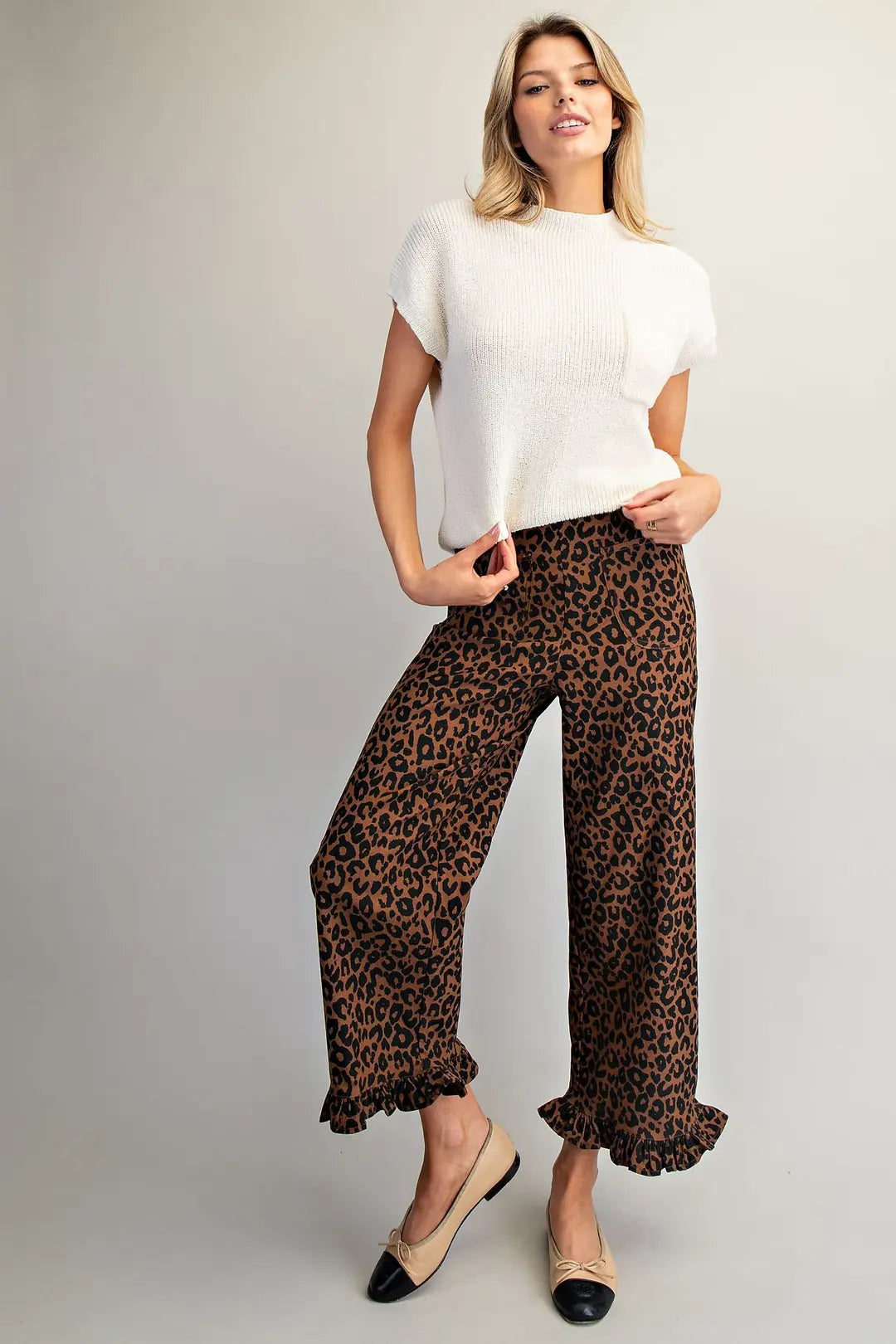 Leopard Zipper Back Ruffled Hem Pants