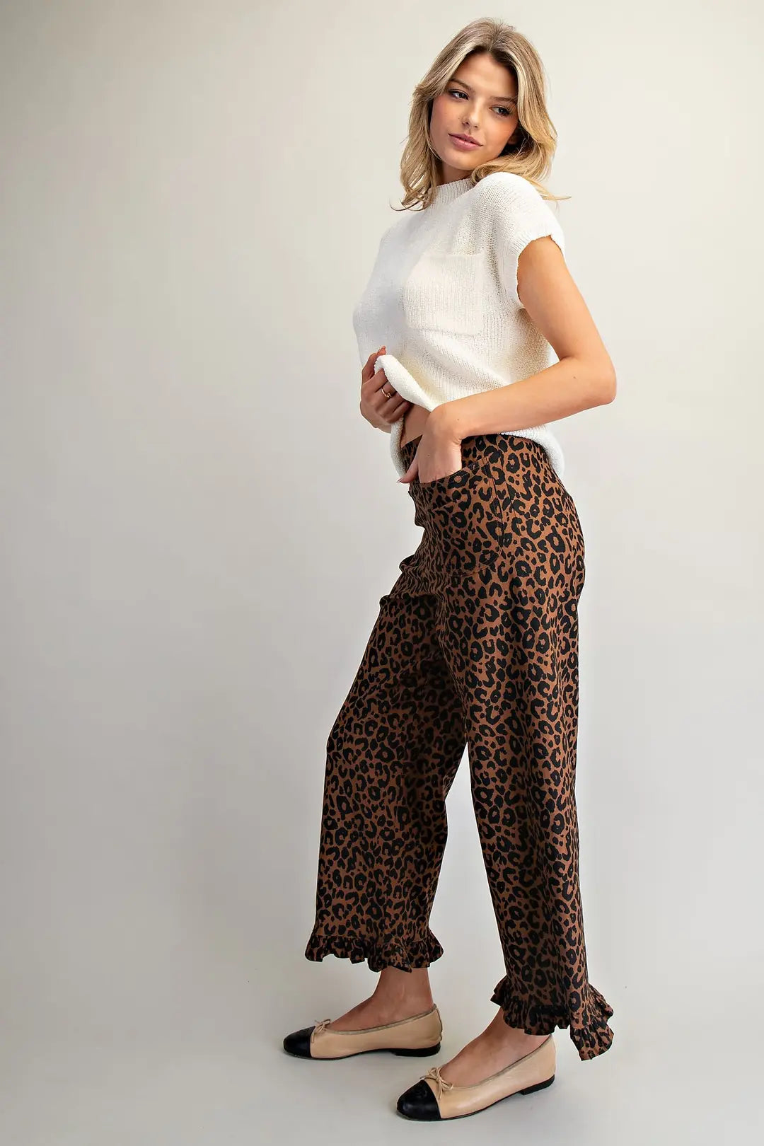 Leopard Zipper Back Ruffled Hem Pants
