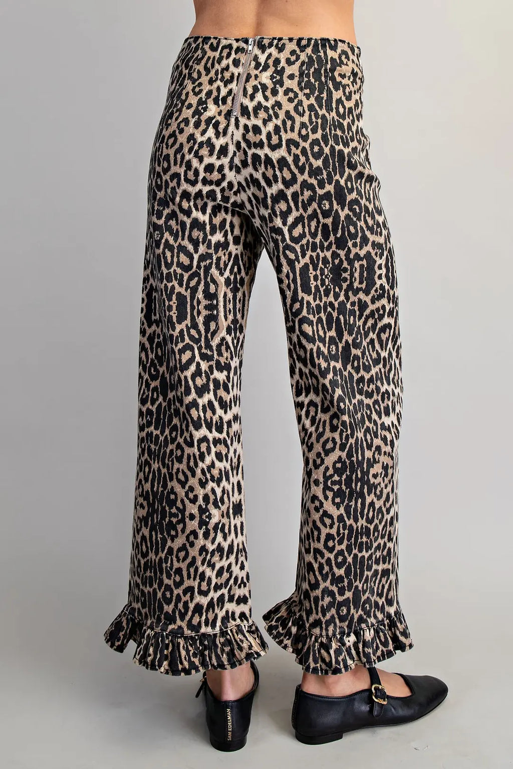 Leopard Zipper Back Ruffled Hem Pants