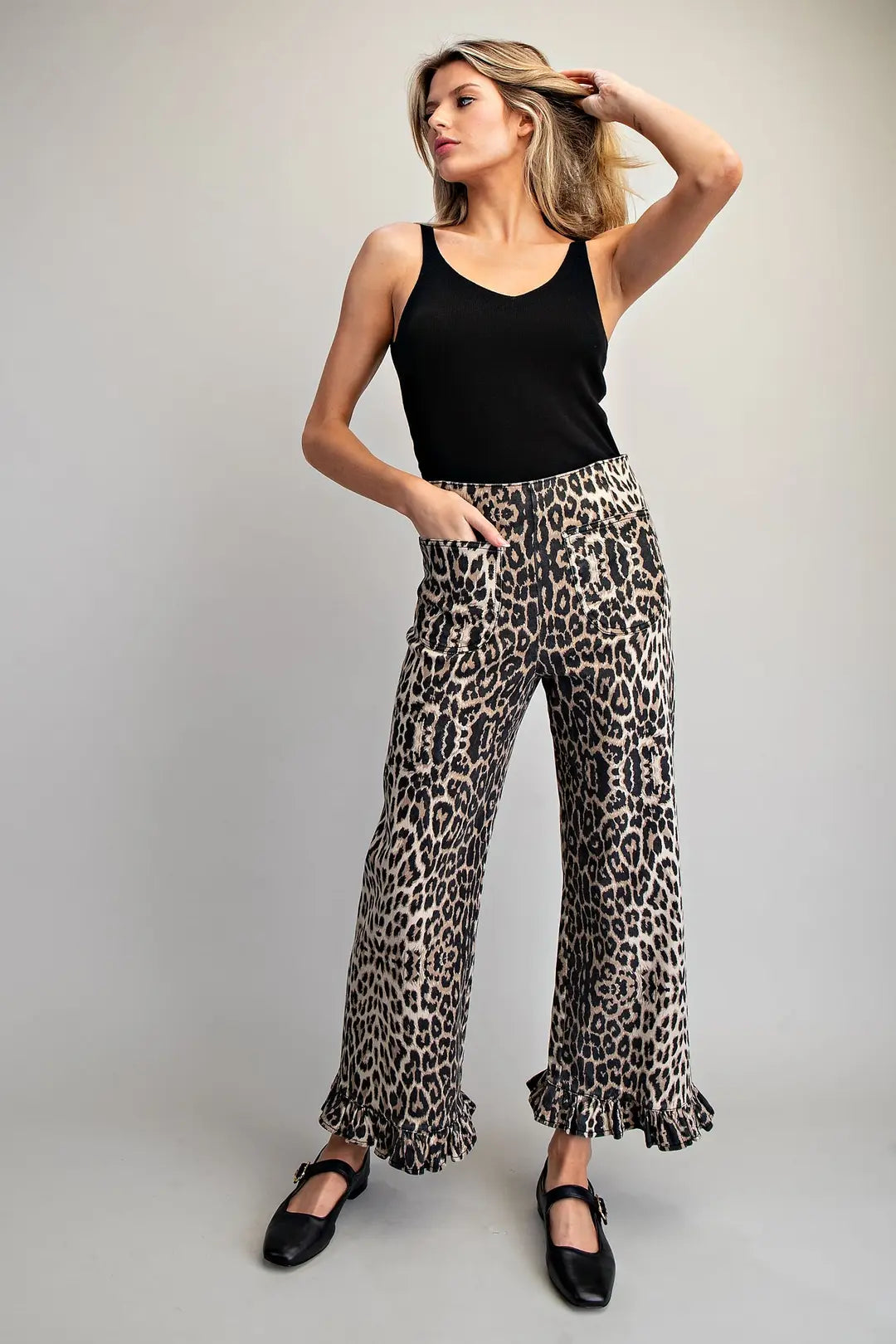 Leopard Zipper Back Ruffled Hem Pants
