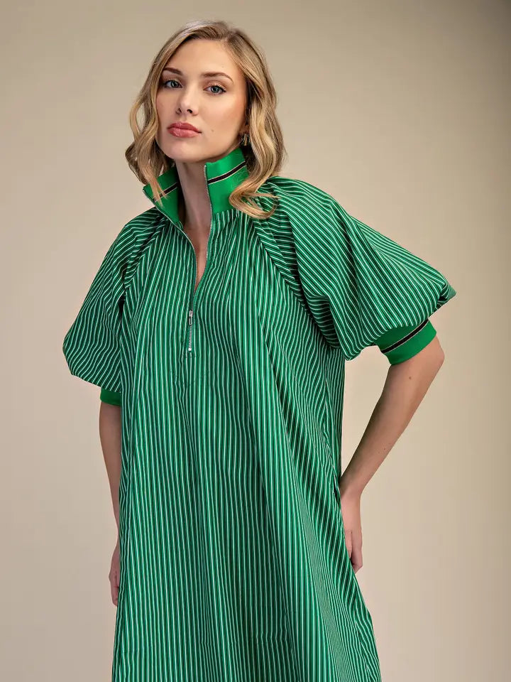 Green Stripped Mock Neck Band Puff Sleeve Casual Mini Dress