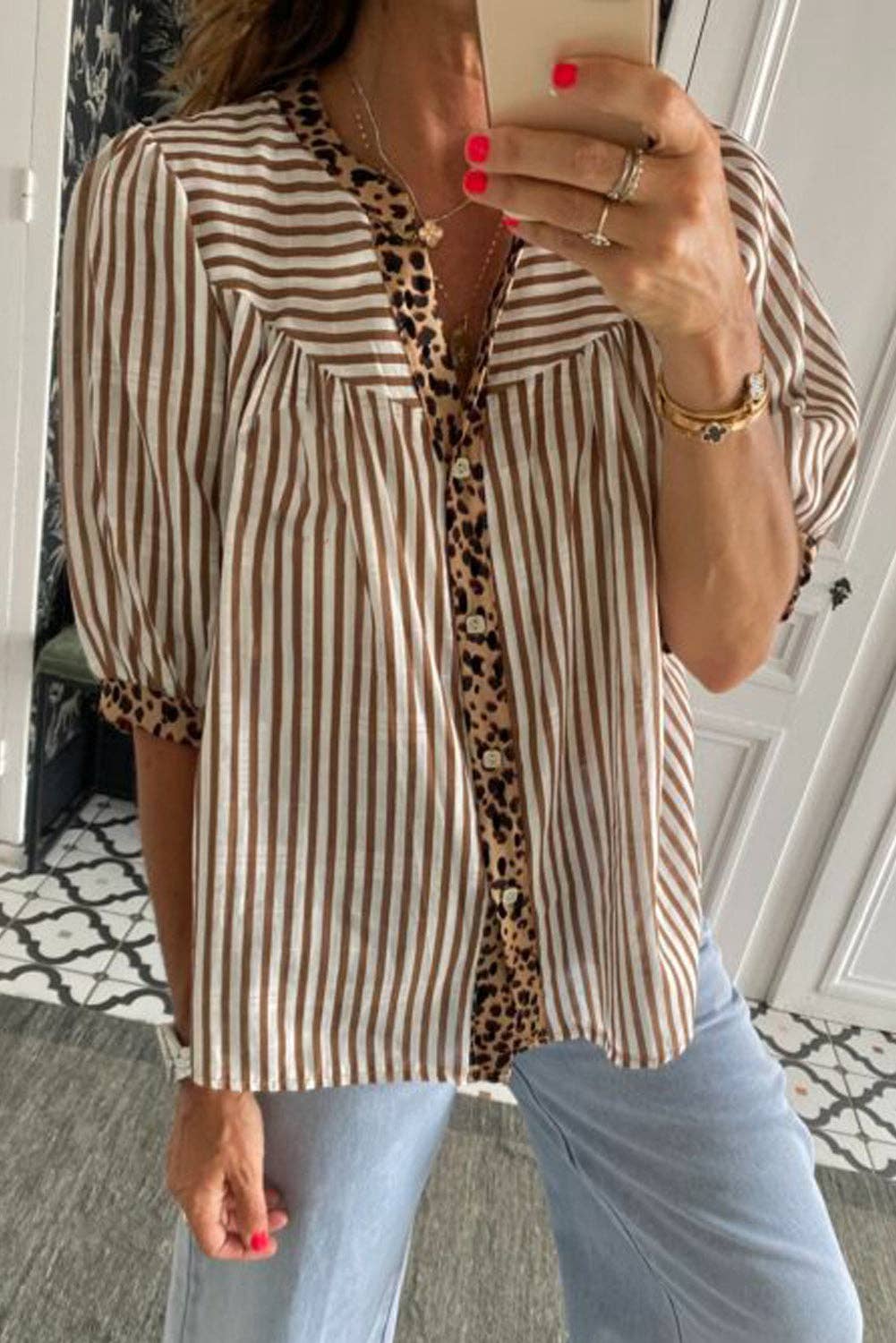 Brown Stripe V Neck Button Down Top