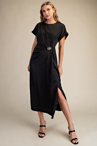 Gathered Metal Trim Short Sleeve Midi Dress