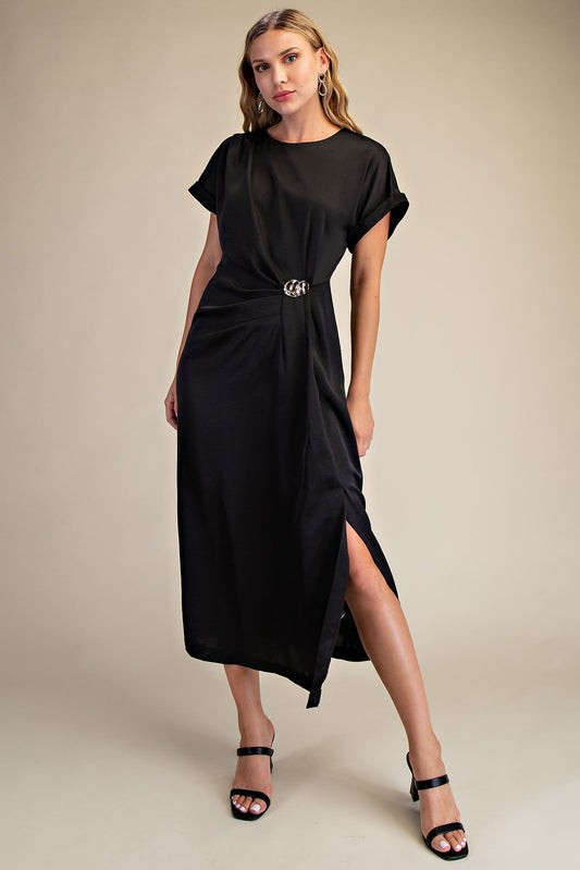 Gathered Metal Trim Short Sleeve Midi Dress