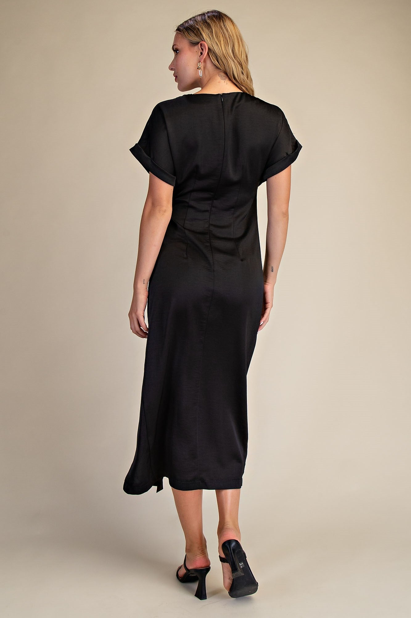 Gathered Metal Trim Short Sleeve Midi Dress