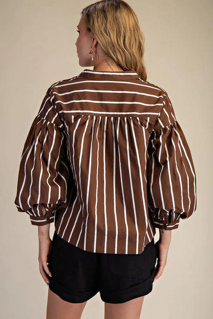 Long Puff Sleeve With Cuff V Neck Shirt
