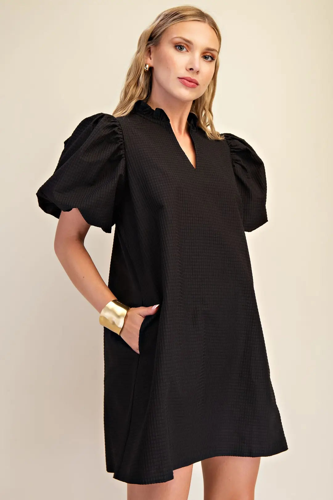 Ruffle V-Neck Puff Sleeve Dress