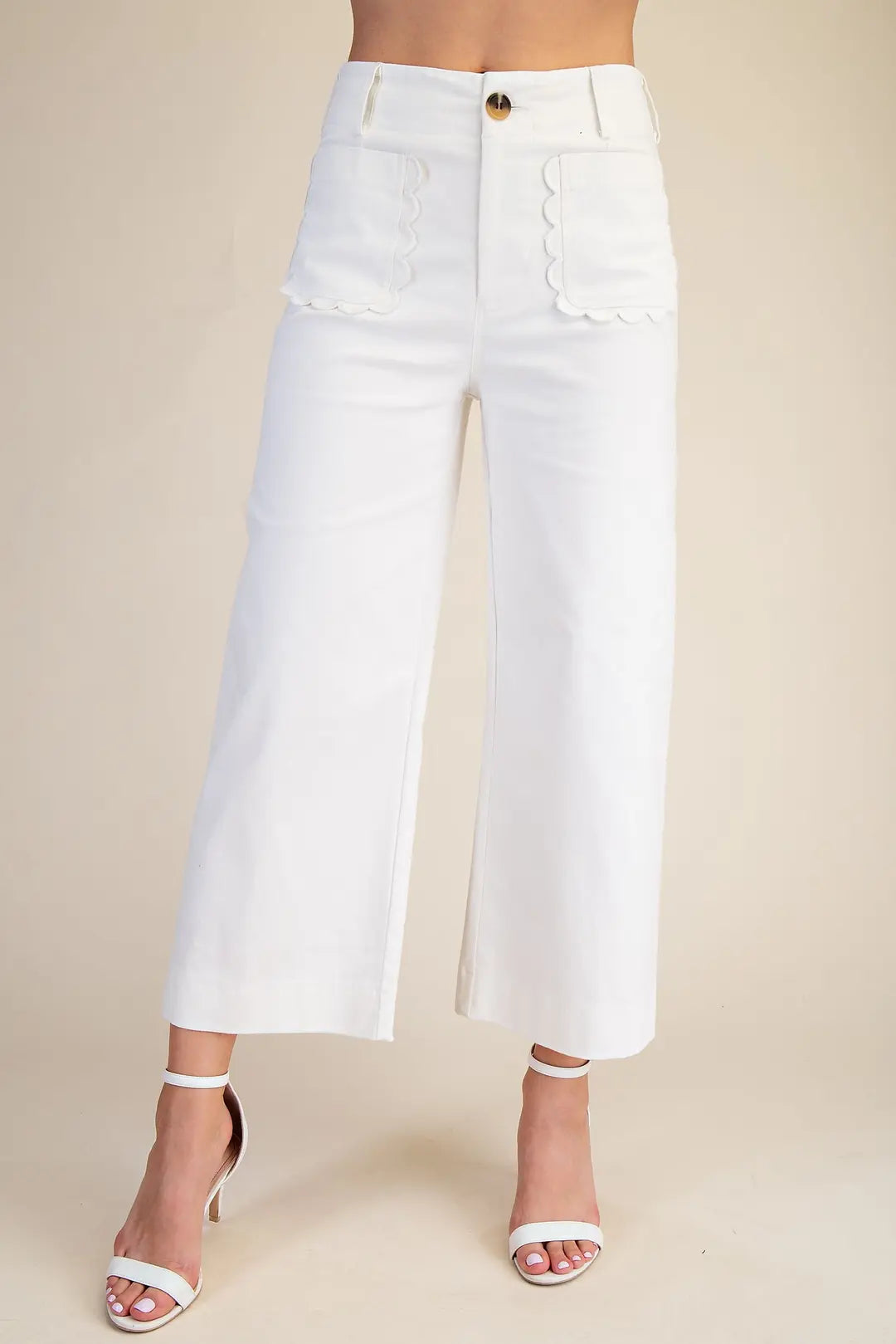 White Colette Cropped Wide-Leg Scallop Pocket Detail Pants