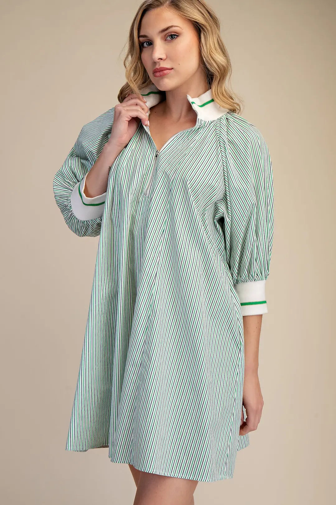 White Stripped Mock Neck Band Puff Sleeve Casual Mini Dress