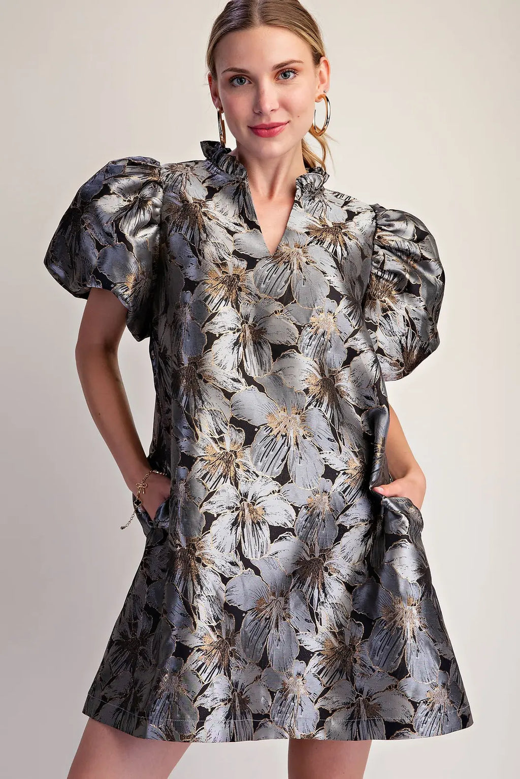 Metallic Jacquard Puff Sleeve Mini Dress