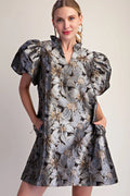 Metallic Jacquard Puff Sleeve Mini Dress