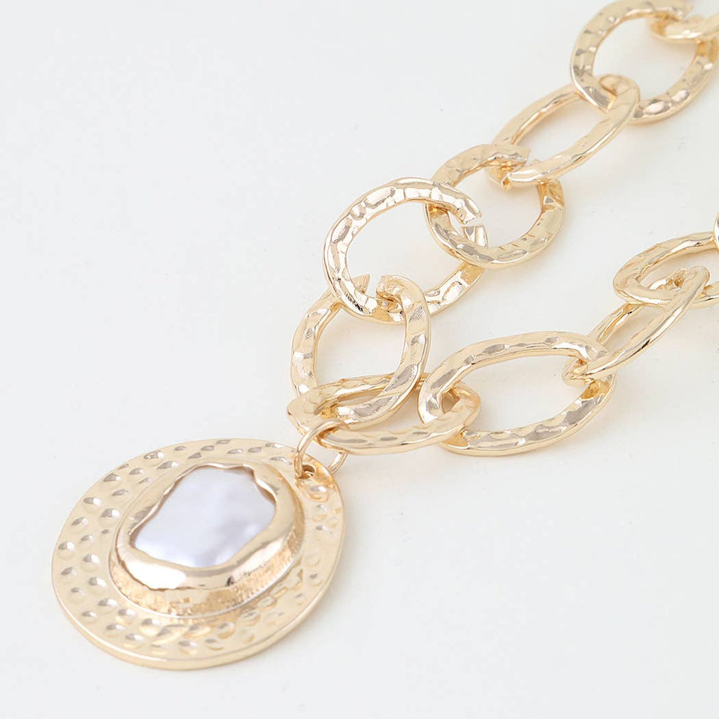 Hammered Pearl Disc Chain Necklace