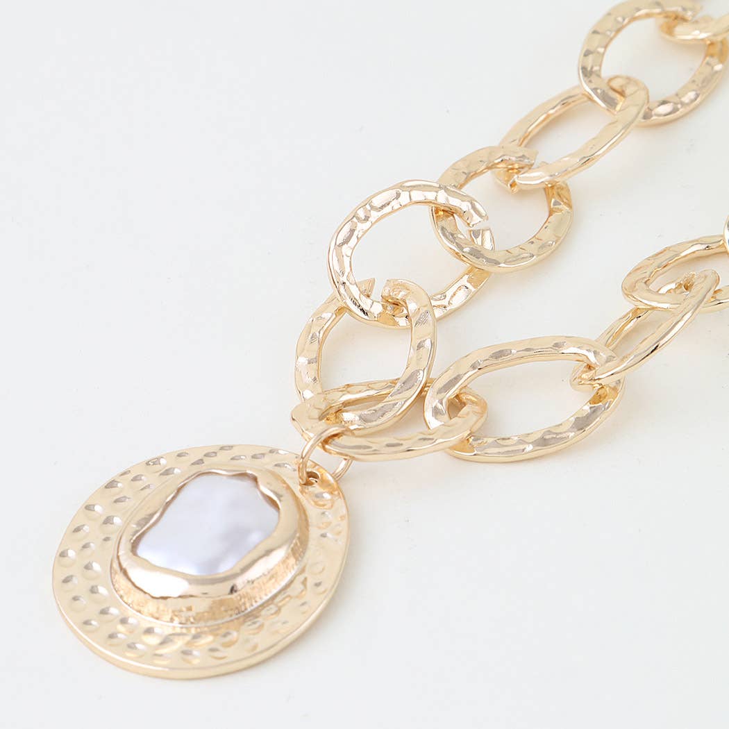 Hammered Pearl Disc Chain Necklace