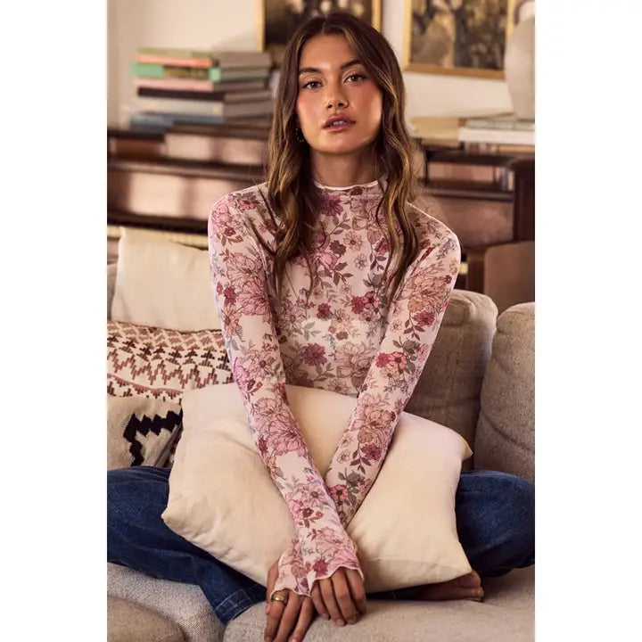 Mesh Floral Print Longe Sleeve Top