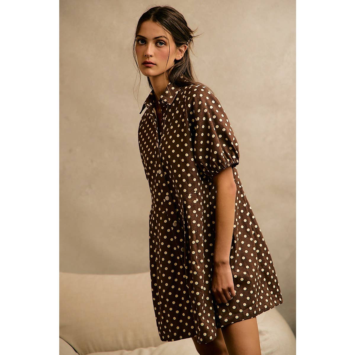 POLKA DOT TWILL PUFF-SLEEVE MINI DRESS