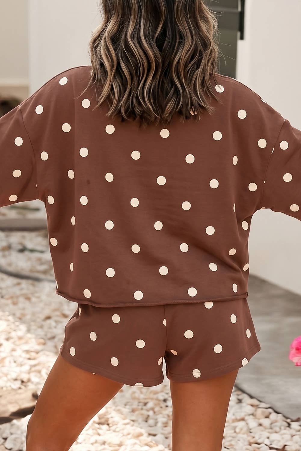 Polka Dot High Waist Long Sleeve Top and Skort Set