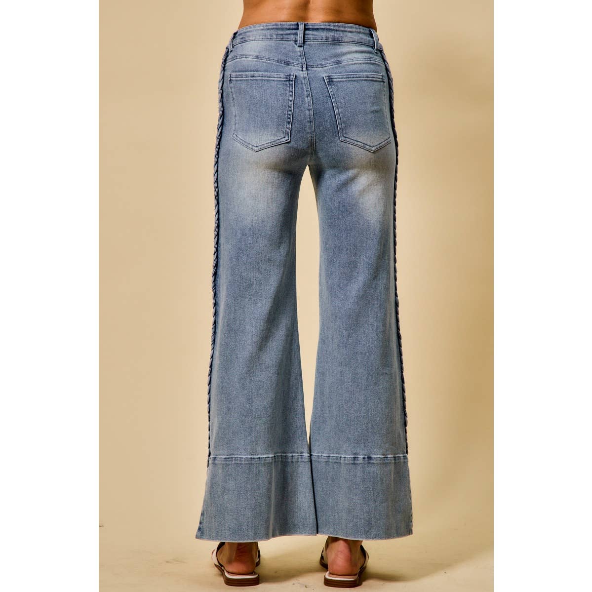 WIDE LEG FLARE DENIM JEANS WITH SIDE  BRAIDS