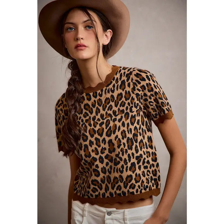 Leopard Scallop Knit Blouse