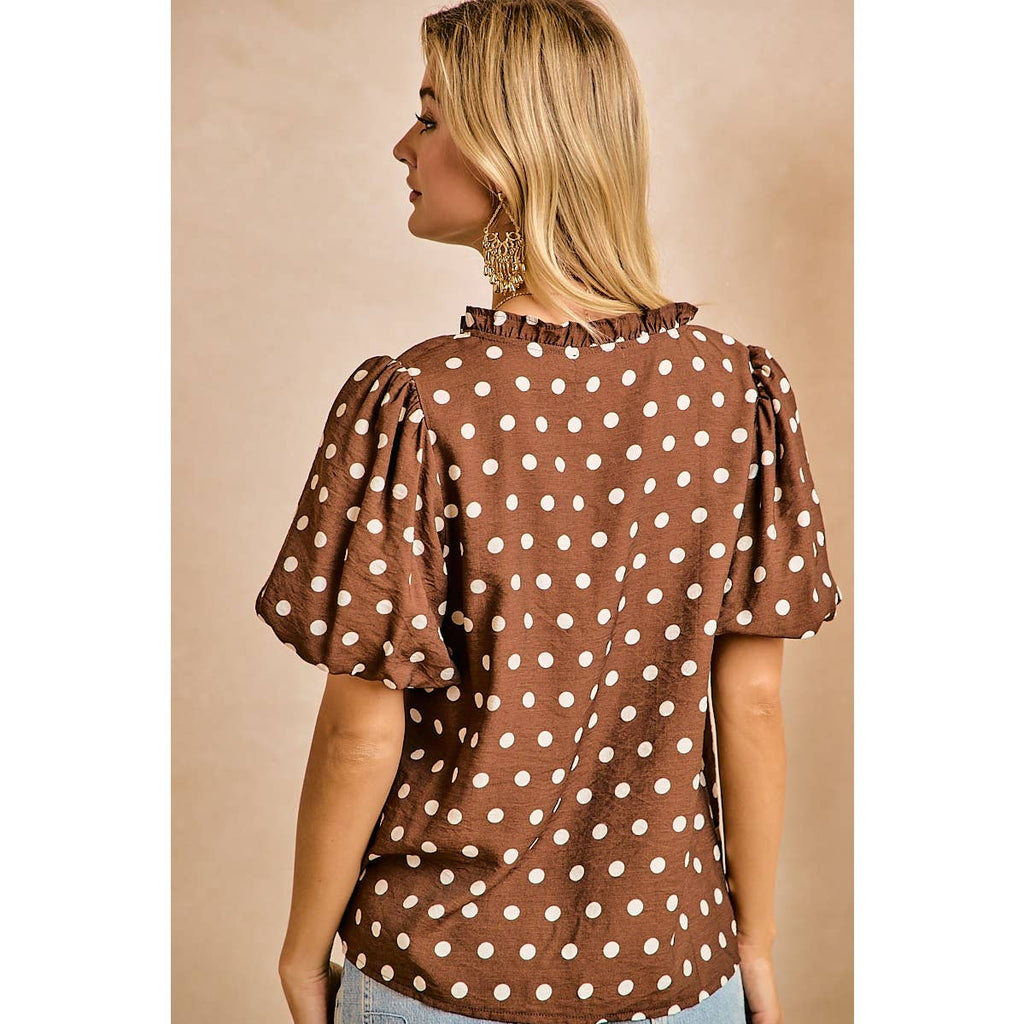 POLKA DOT RUFFLED V NECK TOP