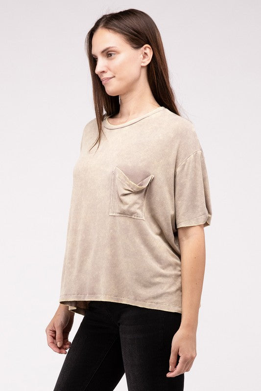 Washed Ribbed Cuffed Short Sleeve Round Neck Top