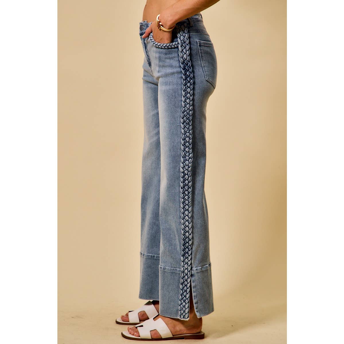 WIDE LEG FLARE DENIM JEANS WITH SIDE  BRAIDS