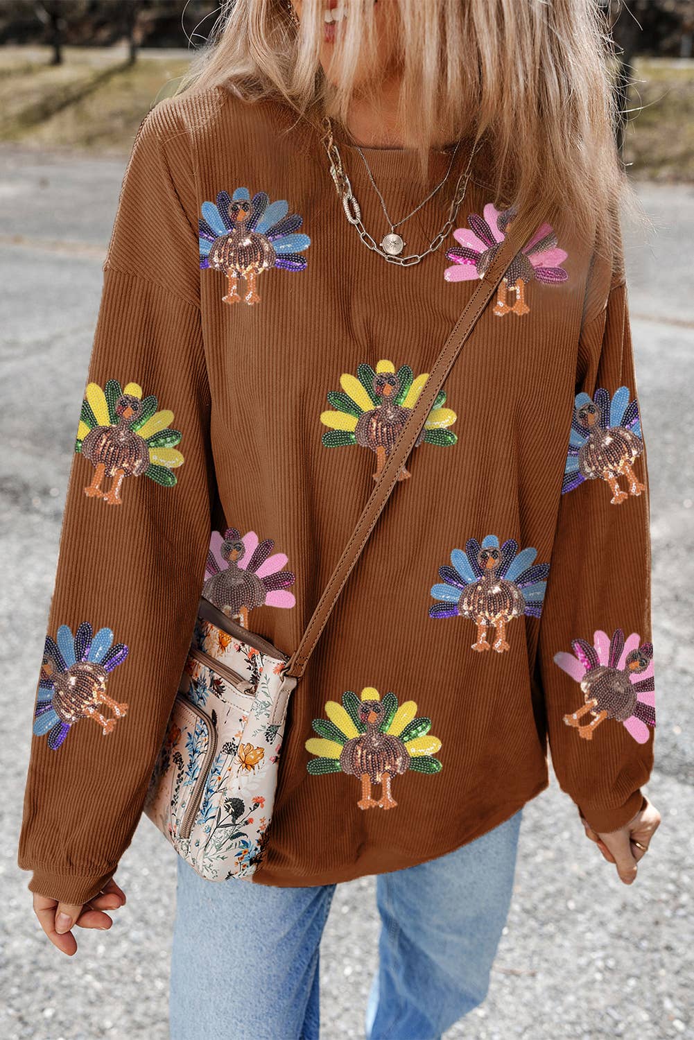 Sequin Turkey Patch Thanksgiving Corduroy Sweatshirt