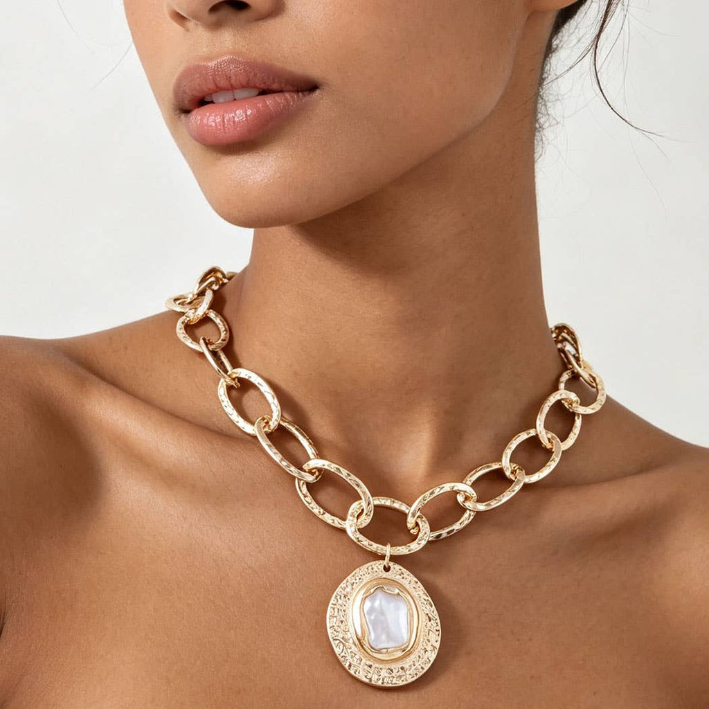 Hammered Pearl Disc Chain Necklace