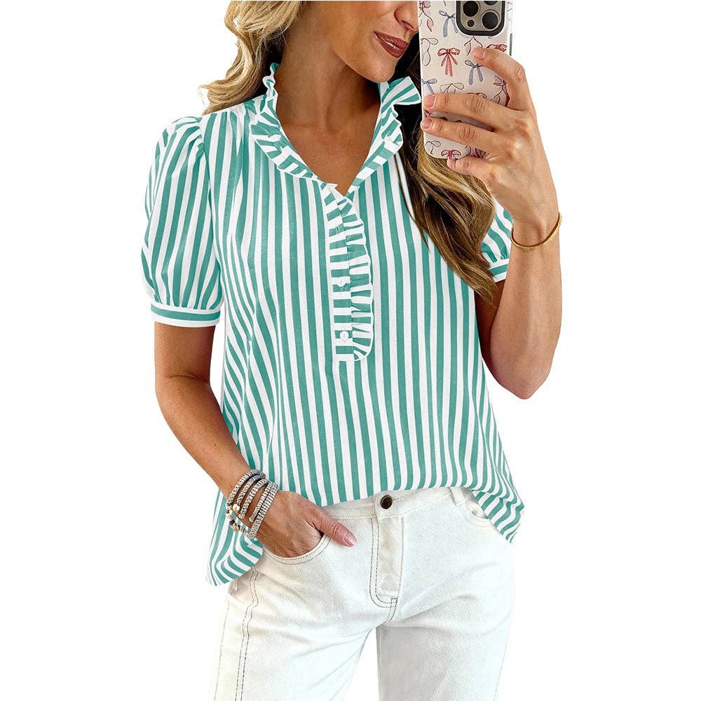 Striped Ruffle Trim Blouse V Neck Puff Sleeve