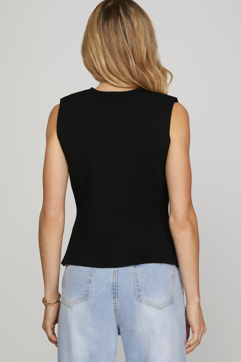 Black Sleeveless Gold Button Knit Sweater Vest