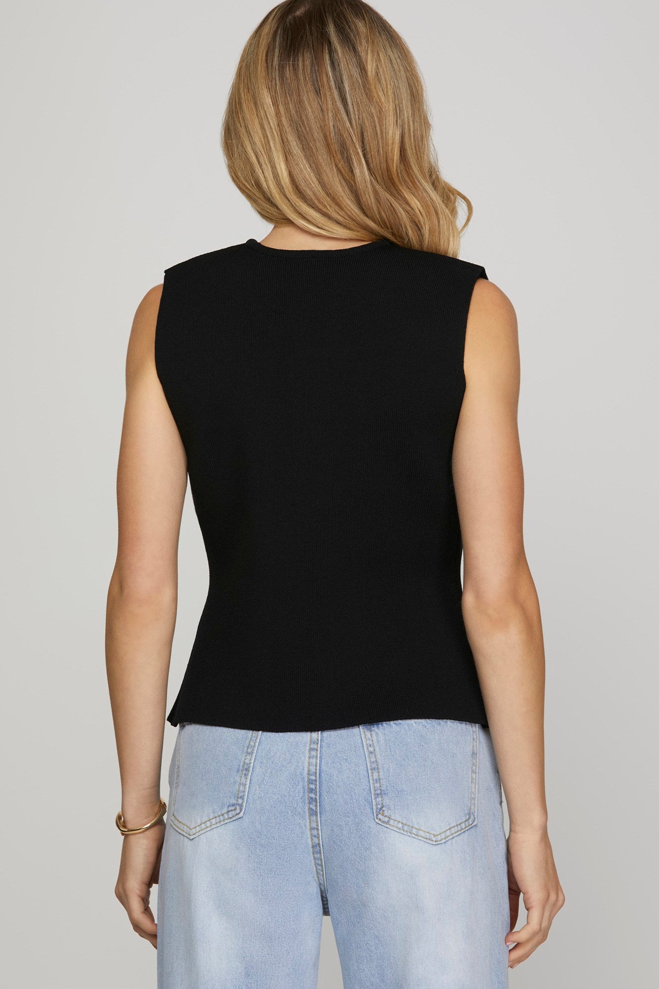 Black Sleeveless Gold Button Knit Sweater Vest