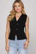 Black Sleeveless Gold Button Knit Sweater Vest